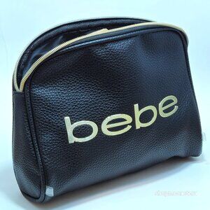 bebe Black Cosmetic Makeup Bag 9.5 Inch length | Gold Logo | Travel Pouch